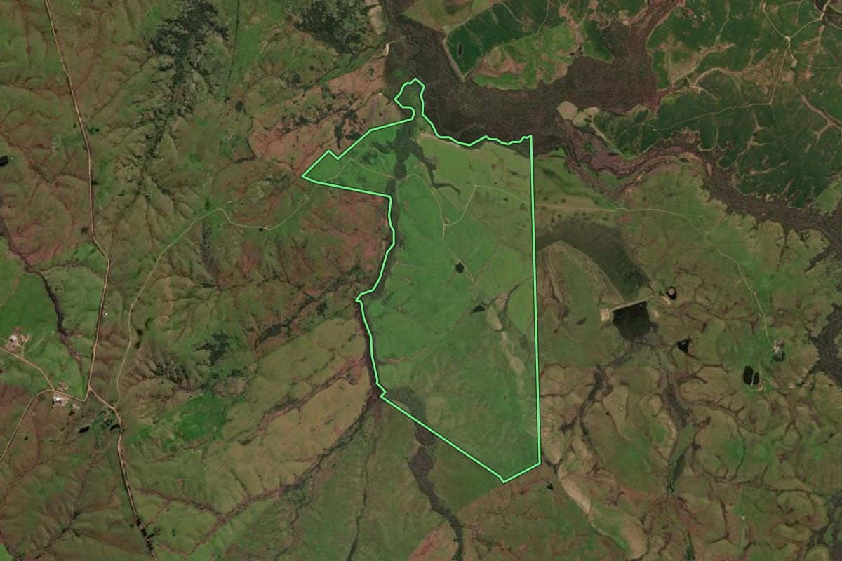 Imagem de satélite do imóvel rural em Lavras do Sul (RS), com o contorno declarado no CAR desenhado por cima.
