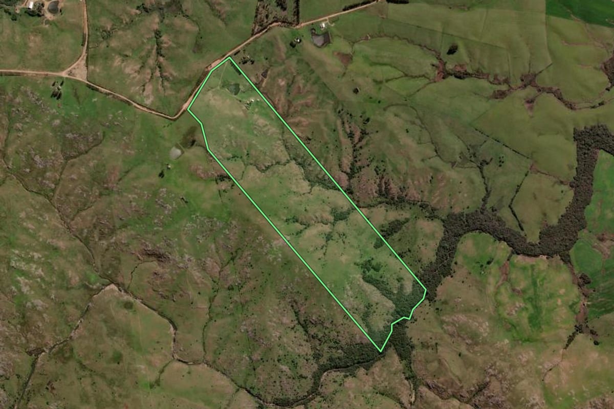 Imagem de satélite do imóvel rural em Lavras do Sul (RS), com o contorno declarado no CAR desenhado por cima.