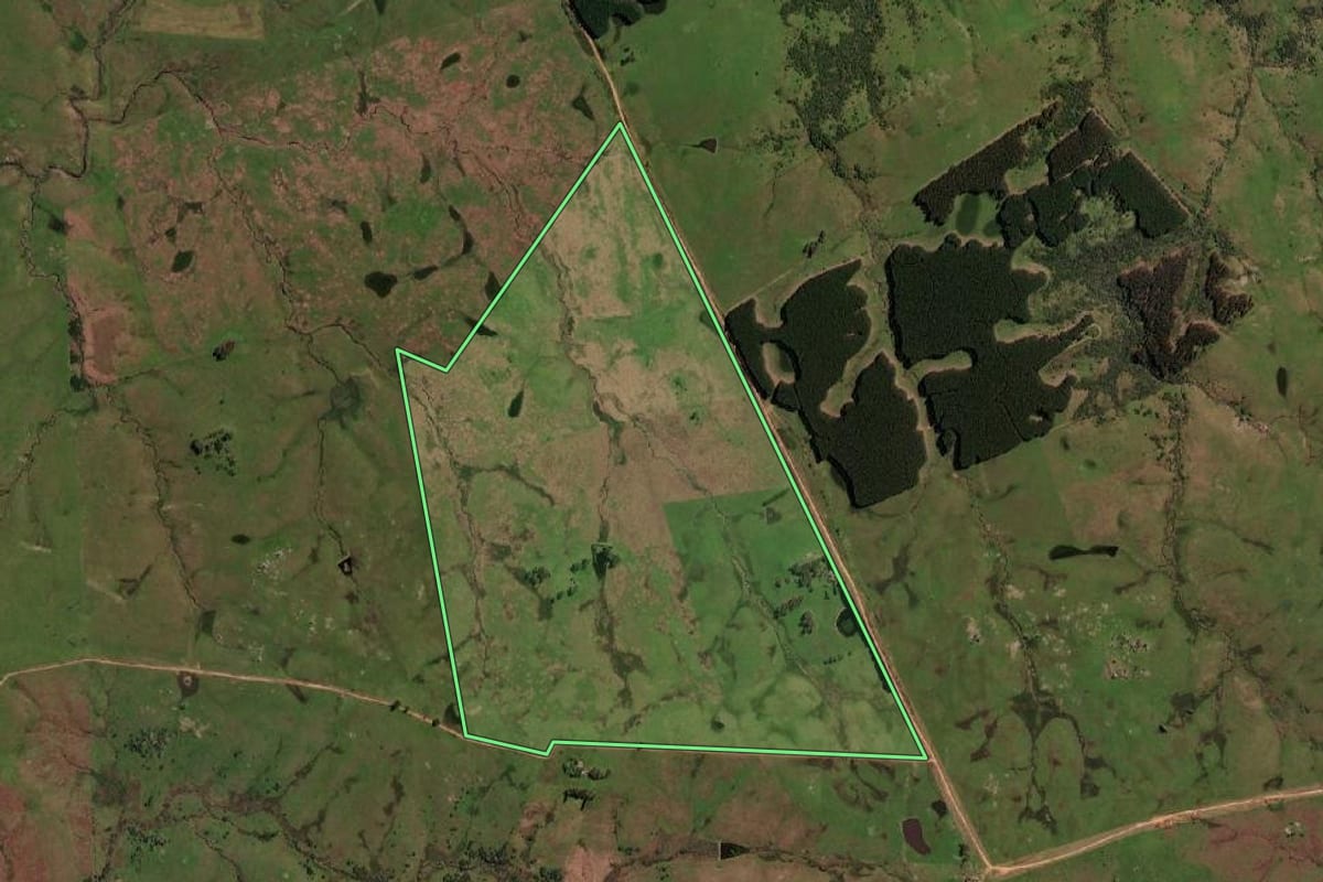 Imagem de satélite do imóvel rural em Lavras do Sul (RS), com o contorno declarado no CAR desenhado por cima.