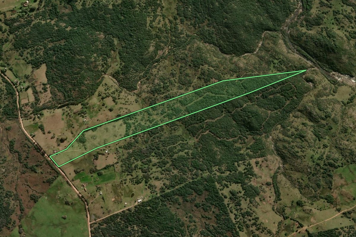 Imagem de satélite do imóvel rural em Lavras do Sul (RS), com o contorno declarado no CAR desenhado por cima.