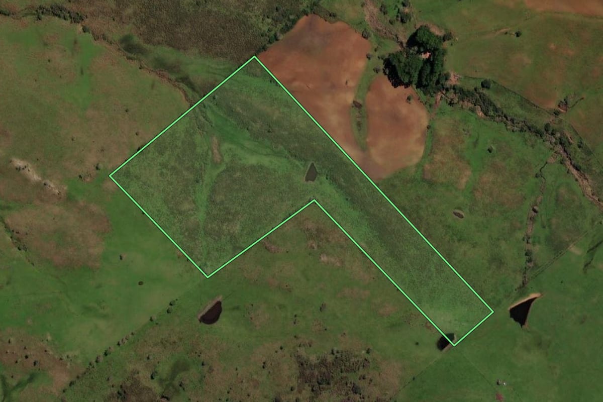 Imagem de satélite do imóvel rural em Lavras do Sul (RS), com o contorno declarado no CAR desenhado por cima.