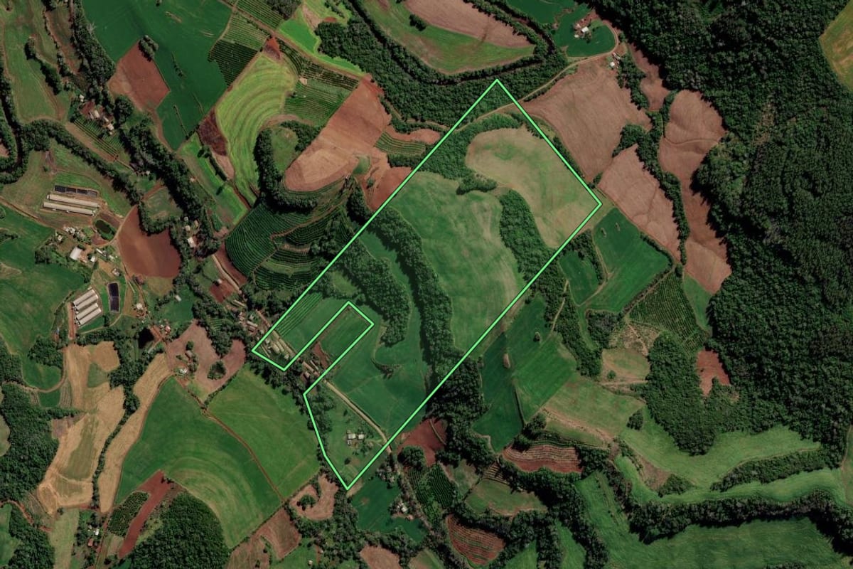 Imagem de satélite do imóvel rural em Liberato Salzano (RS), com o contorno declarado no CAR desenhado por cima.