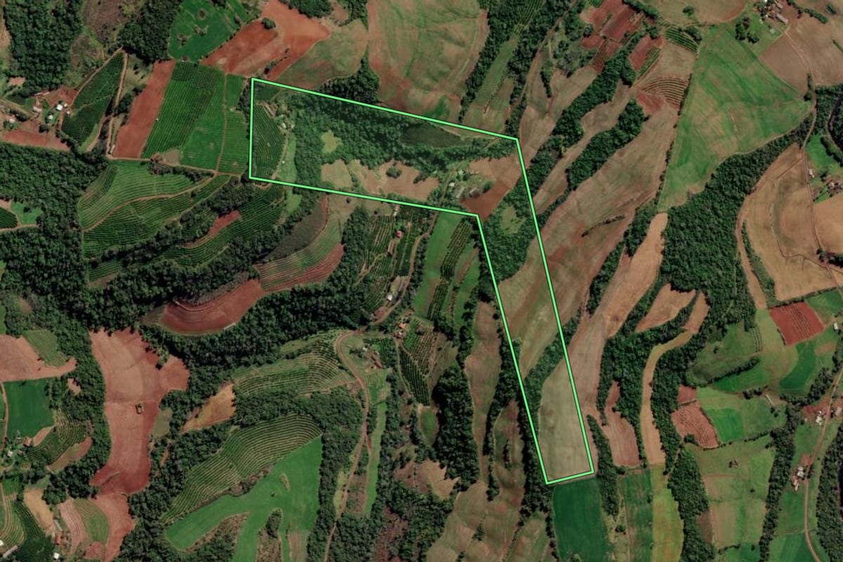 Imagem de satélite do imóvel rural em Liberato Salzano (RS), com o contorno declarado no CAR desenhado por cima.