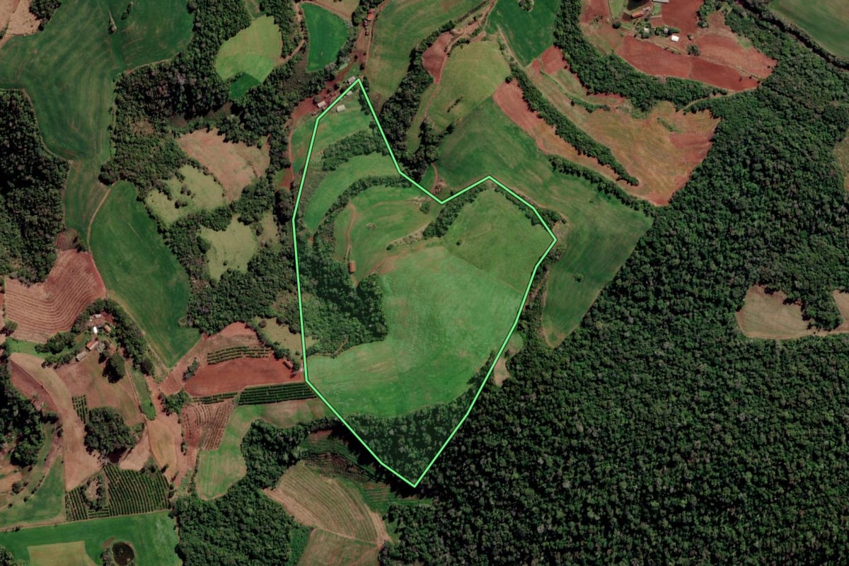 Imagem de satélite do imóvel rural em Liberato Salzano (RS), com o contorno declarado no CAR desenhado por cima.