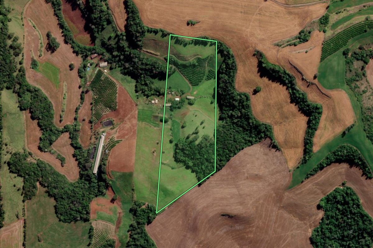 Imagem de satélite do imóvel rural em Liberato Salzano (RS), com o contorno declarado no CAR desenhado por cima.