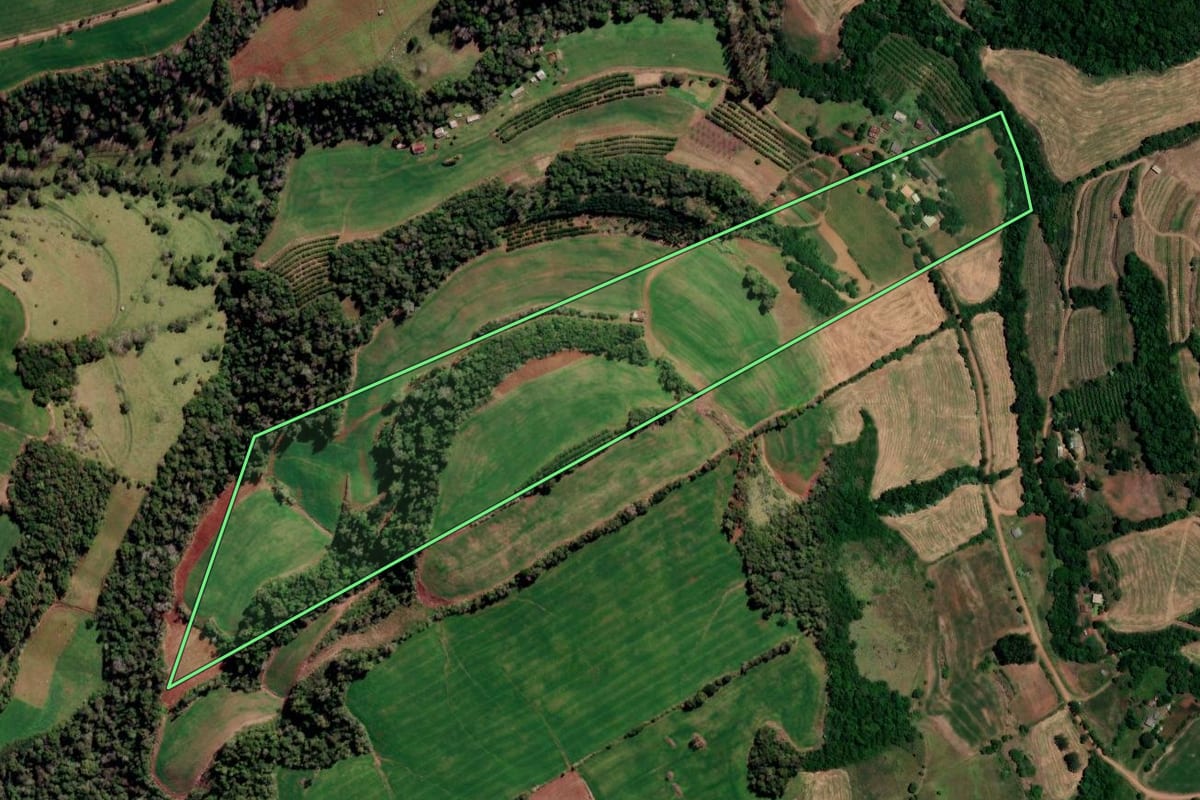 Imagem de satélite do imóvel rural em Liberato Salzano (RS), com o contorno declarado no CAR desenhado por cima.