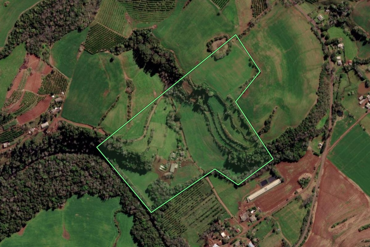 Imagem de satélite do imóvel rural em Liberato Salzano (RS), com o contorno declarado no CAR desenhado por cima.