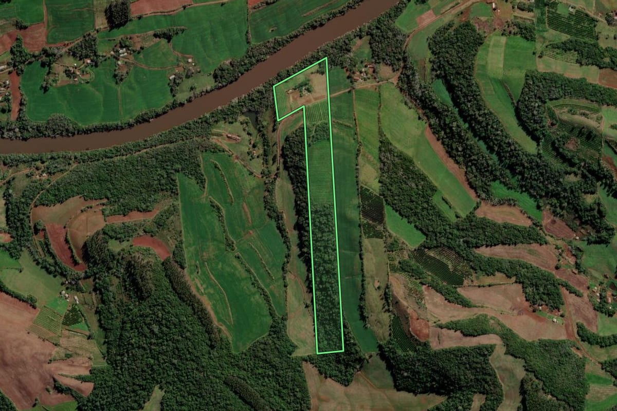 Imagem de satélite do imóvel rural em Liberato Salzano (RS), com o contorno declarado no CAR desenhado por cima.