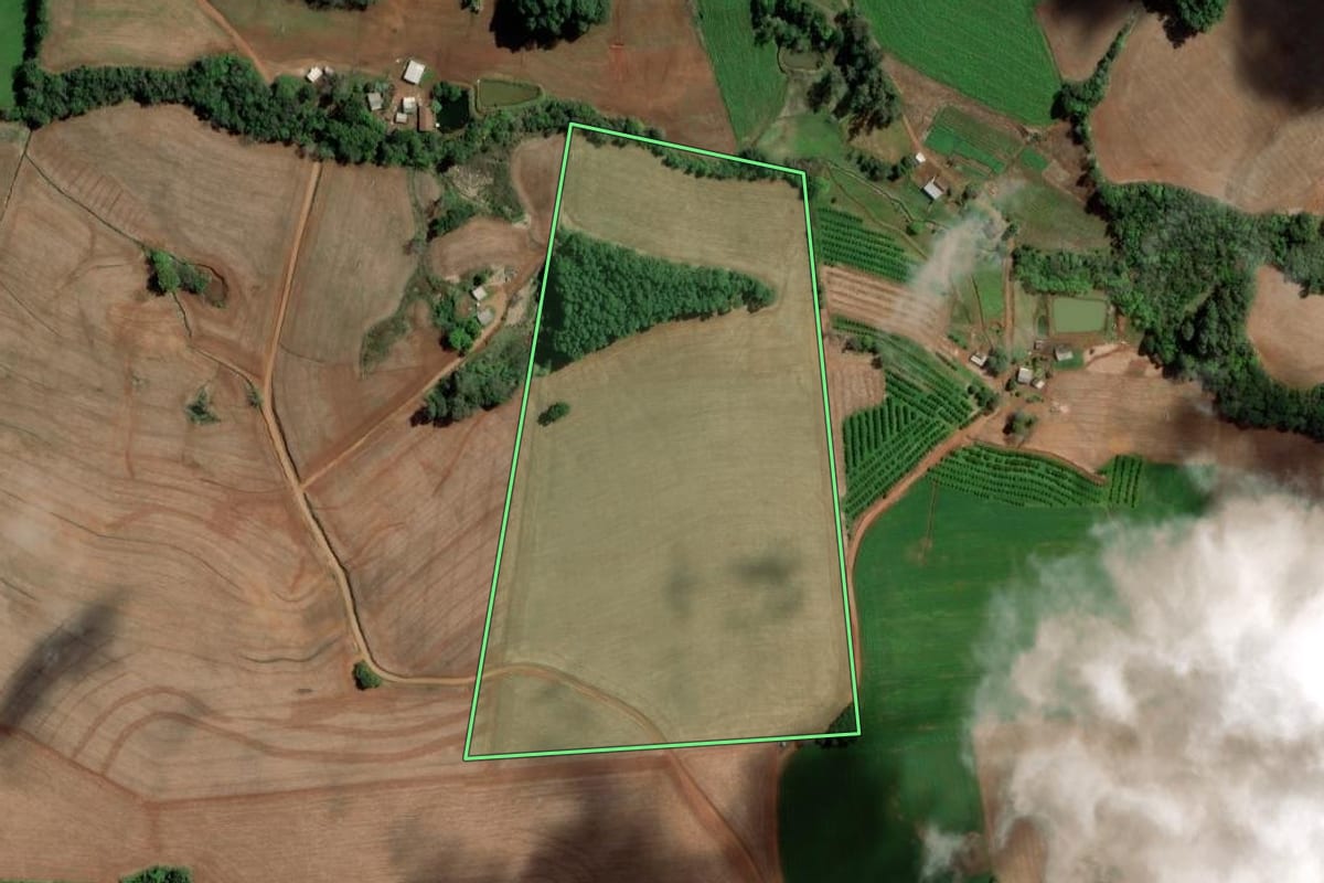 Imagem de satélite do imóvel rural em Liberato Salzano (RS), com o contorno declarado no CAR desenhado por cima.