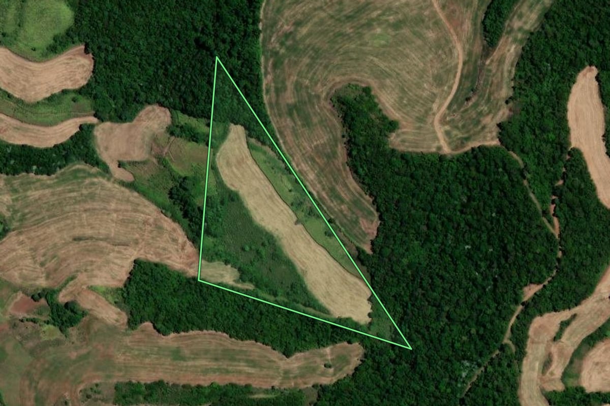 Imagem de satélite do imóvel rural em Liberato Salzano (RS), com o contorno declarado no CAR desenhado por cima.