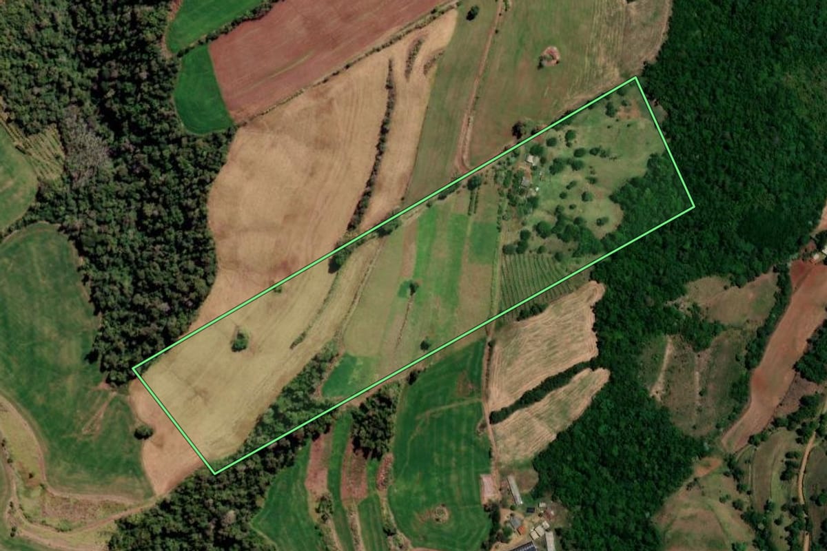 Imagem de satélite do imóvel rural em Liberato Salzano (RS), com o contorno declarado no CAR desenhado por cima.