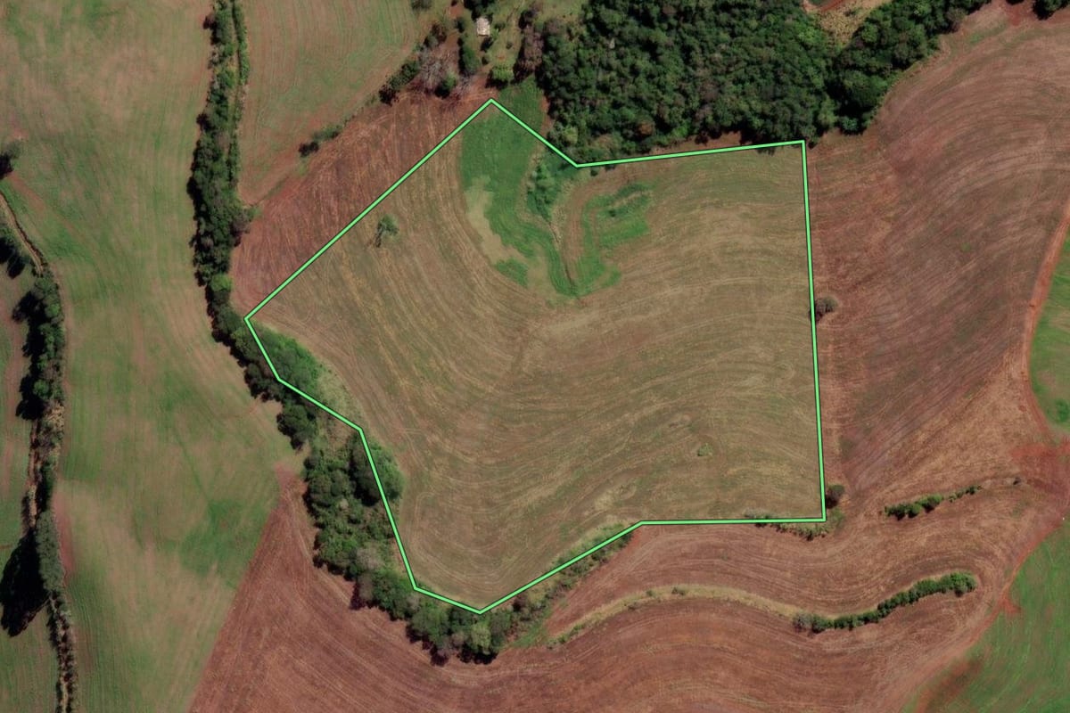 Imagem de satélite do imóvel rural em Liberato Salzano (RS), com o contorno declarado no CAR desenhado por cima.