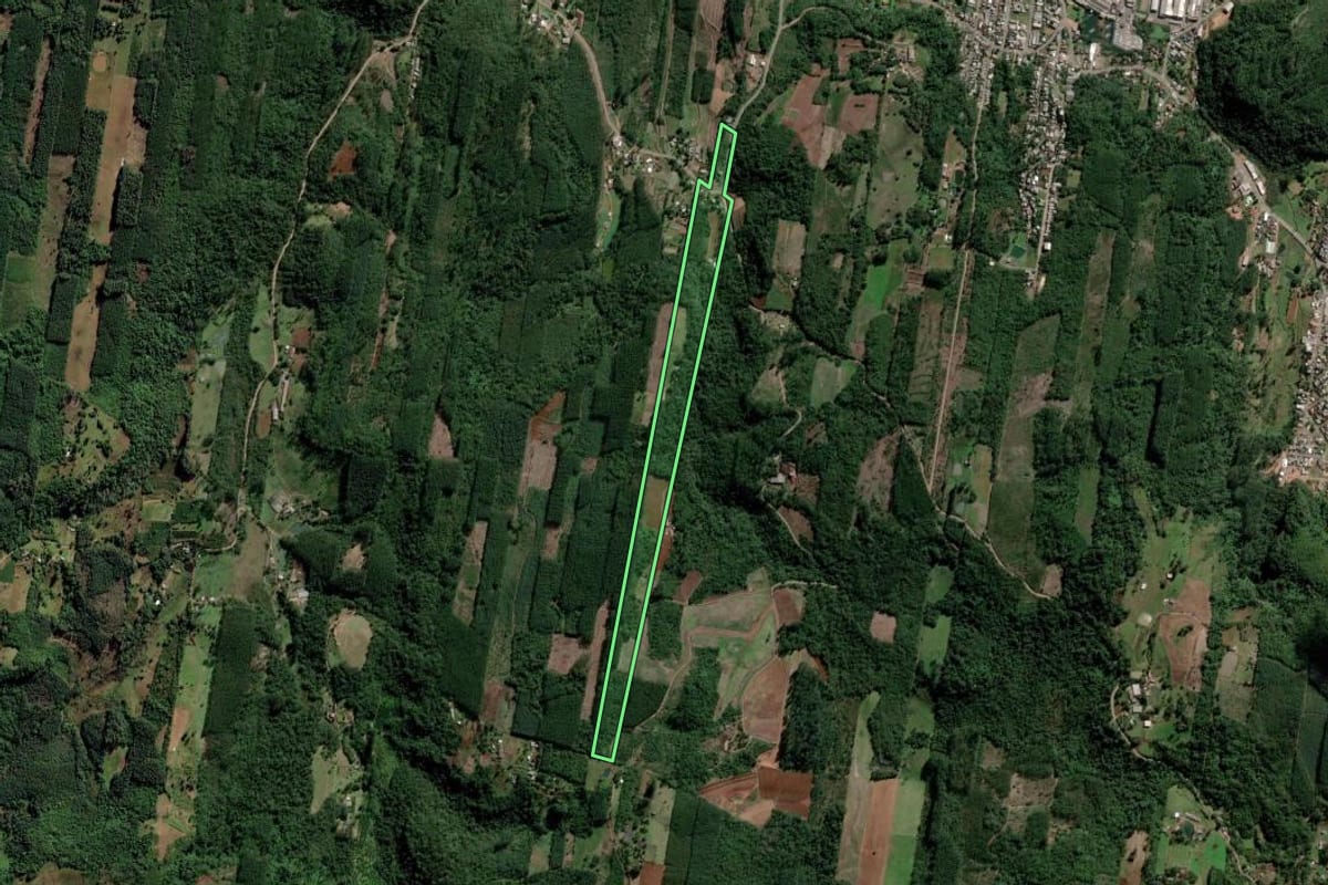 Imagem de satélite do imóvel rural em Lindolfo Collor (RS), com o contorno declarado no CAR desenhado por cima.