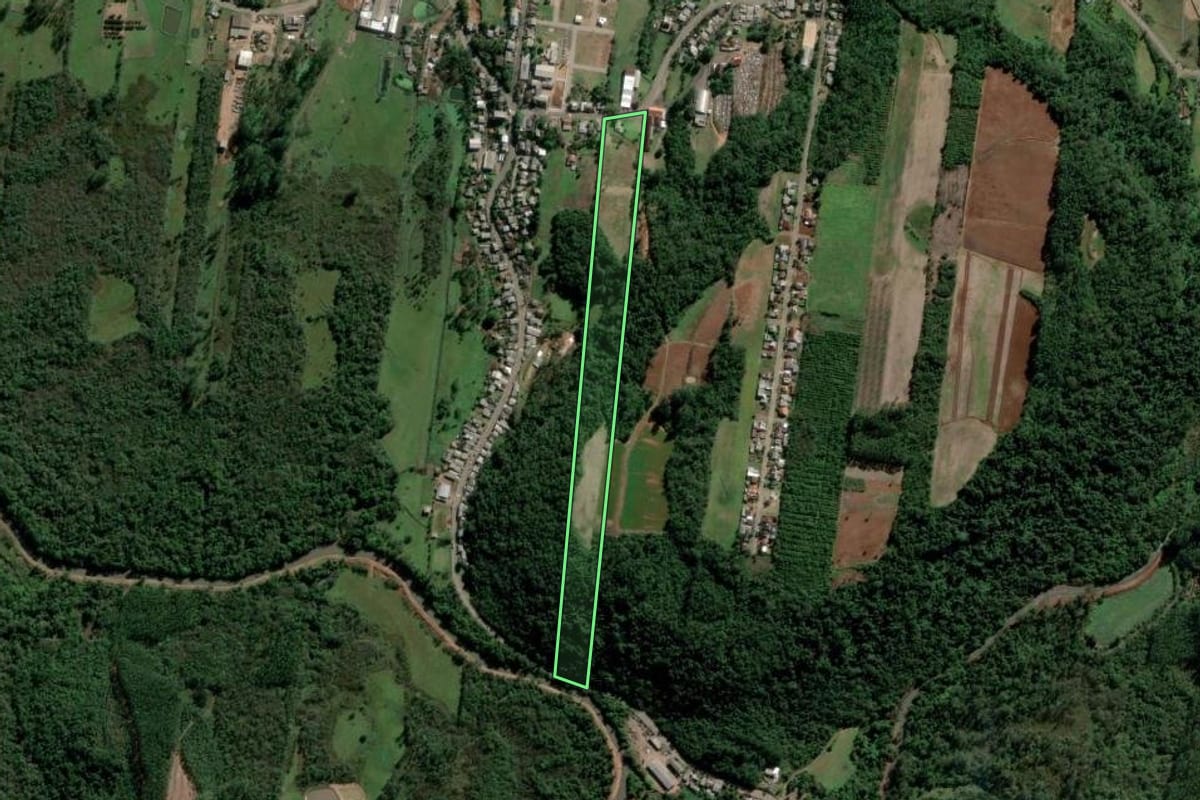 Imagem de satélite do imóvel rural em Lindolfo Collor (RS), com o contorno declarado no CAR desenhado por cima.
