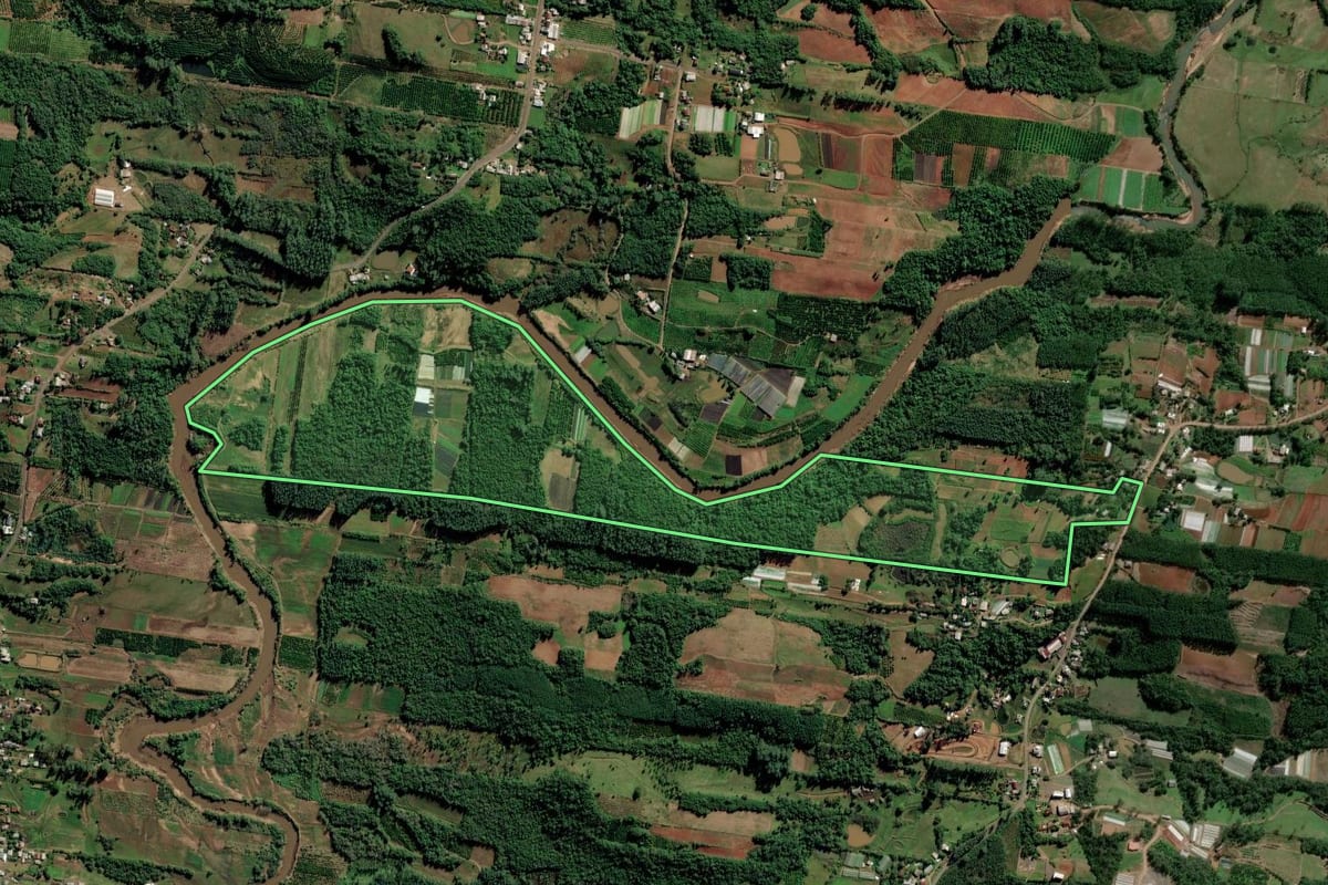 Imagem de satélite do imóvel rural em Lindolfo Collor (RS), com o contorno declarado no CAR desenhado por cima.