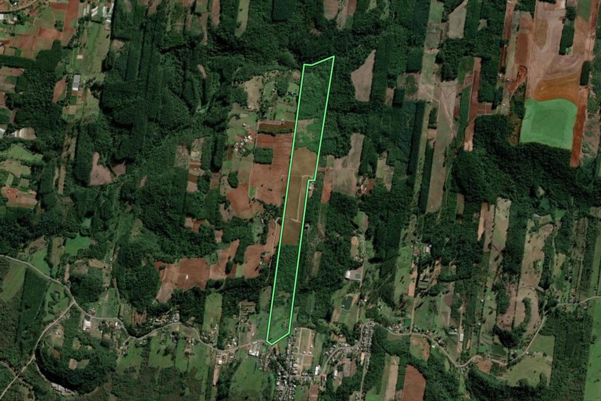Imagem de satélite do imóvel rural em Lindolfo Collor (RS), com o contorno declarado no CAR desenhado por cima.