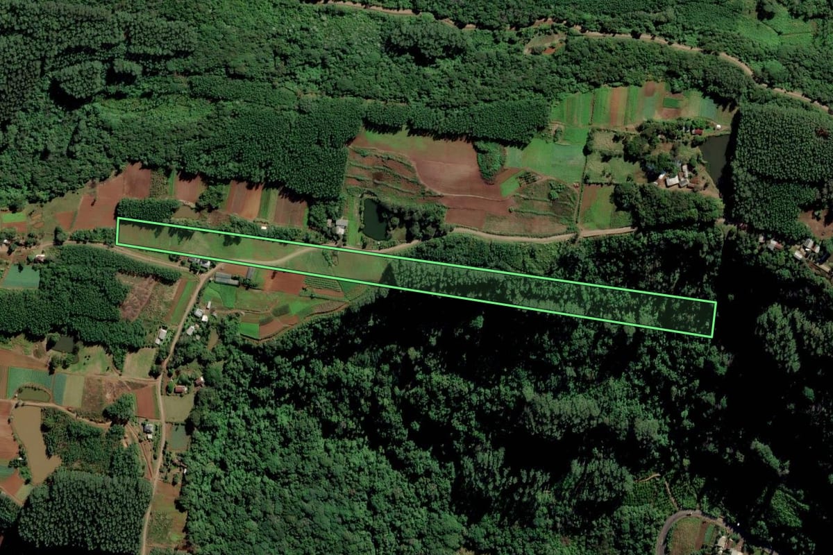 Imagem de satélite do imóvel rural em Linha Nova (RS), com o contorno declarado no CAR desenhado por cima.