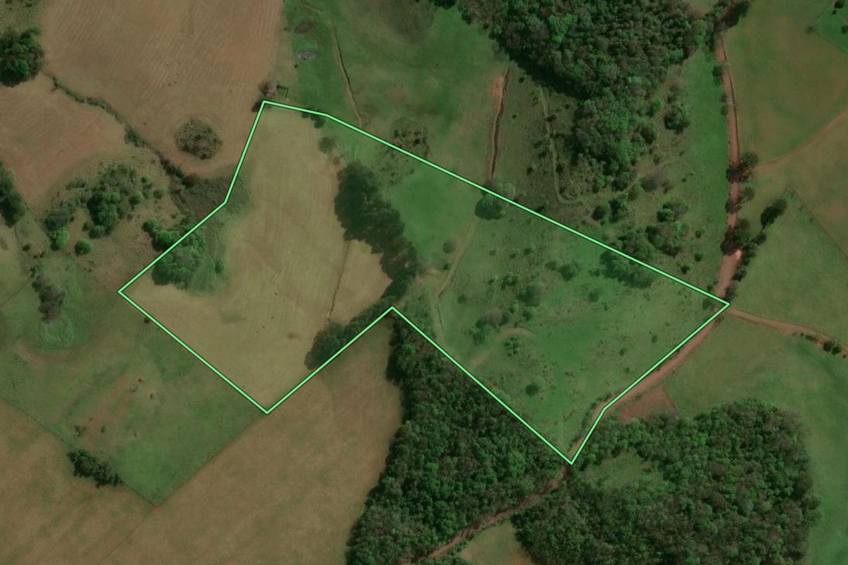 Imagem de satélite do imóvel rural em Machadinho (RS), com o contorno declarado no CAR desenhado por cima.