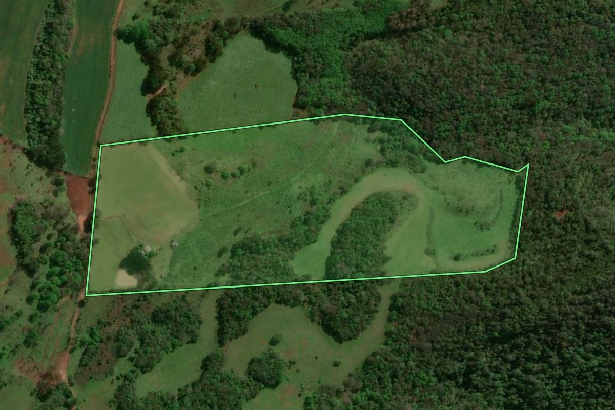 Imagem de satélite do imóvel rural em Machadinho (RS), com o contorno declarado no CAR desenhado por cima.