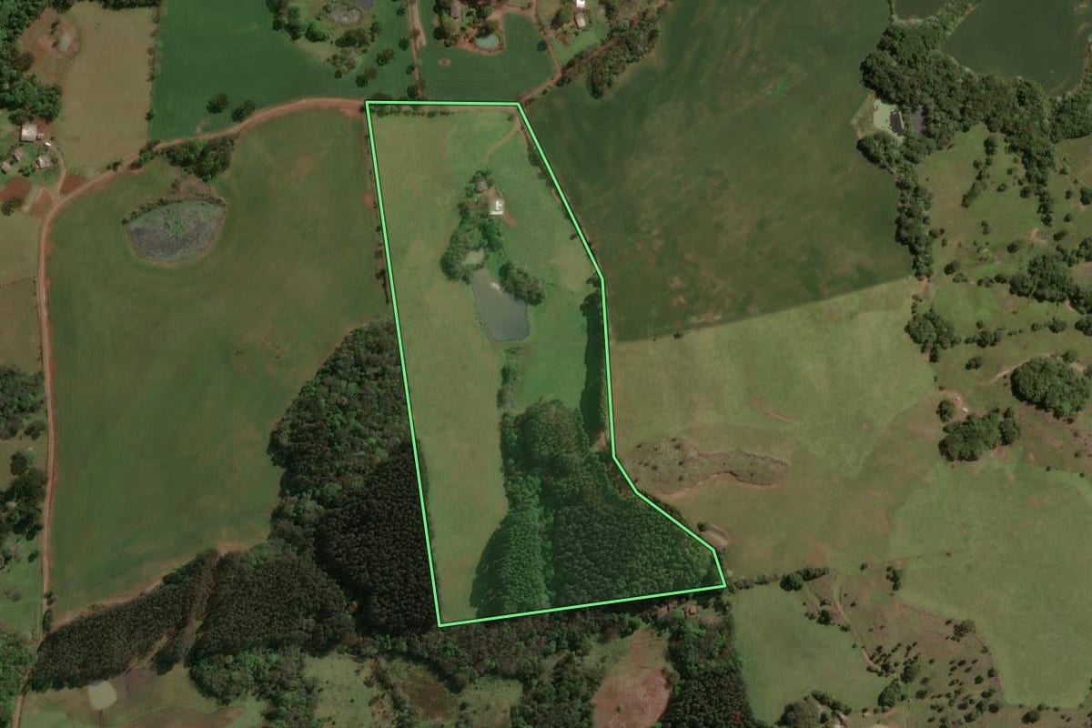 Imagem de satélite do imóvel rural em Machadinho (RS), com o contorno declarado no CAR desenhado por cima.