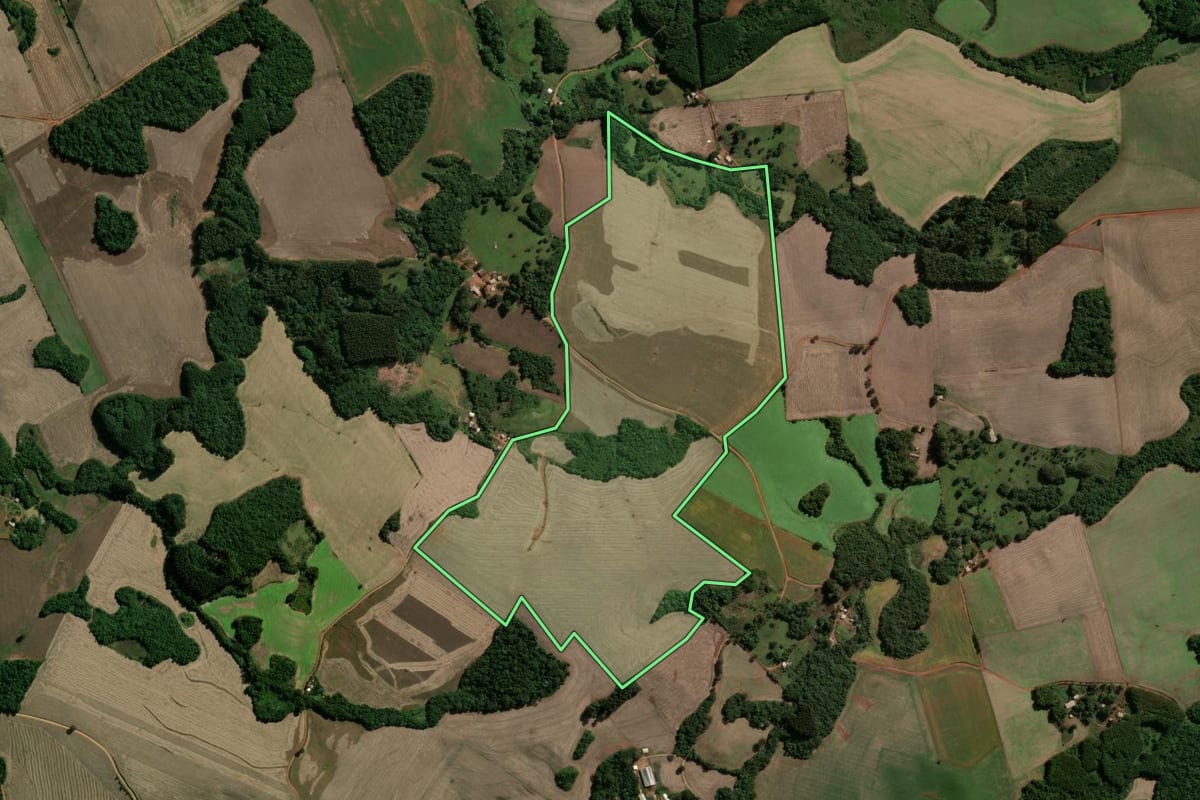Imagem de satélite do imóvel rural em Machadinho (RS), com o contorno declarado no CAR desenhado por cima.