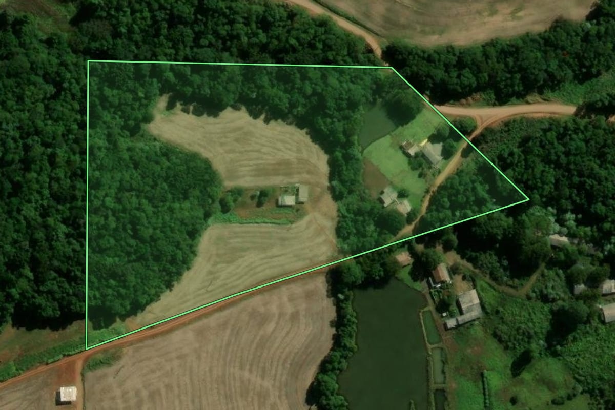 Imagem de satélite do imóvel rural em Machadinho (RS), com o contorno declarado no CAR desenhado por cima.