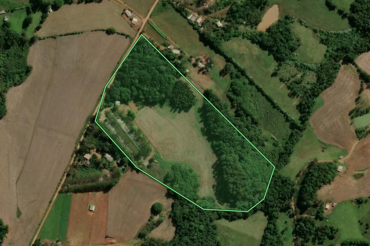 Imagem de satélite do imóvel rural em Machadinho (RS), com o contorno declarado no CAR desenhado por cima.