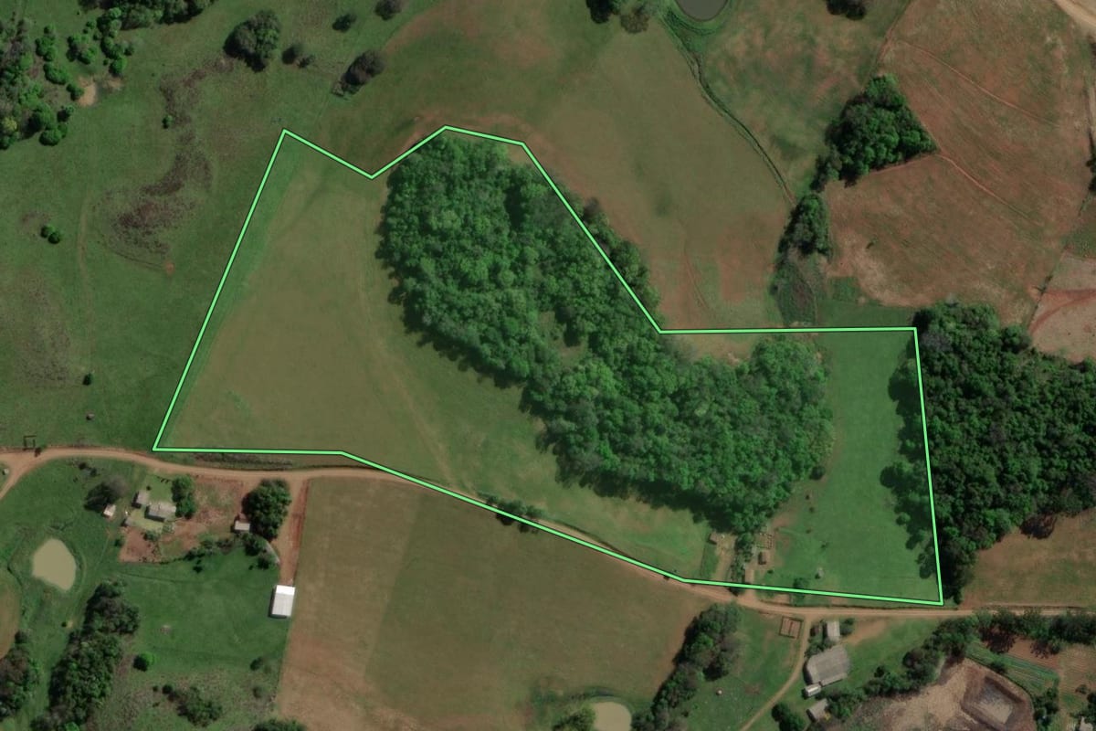Imagem de satélite do imóvel rural em Machadinho (RS), com o contorno declarado no CAR desenhado por cima.