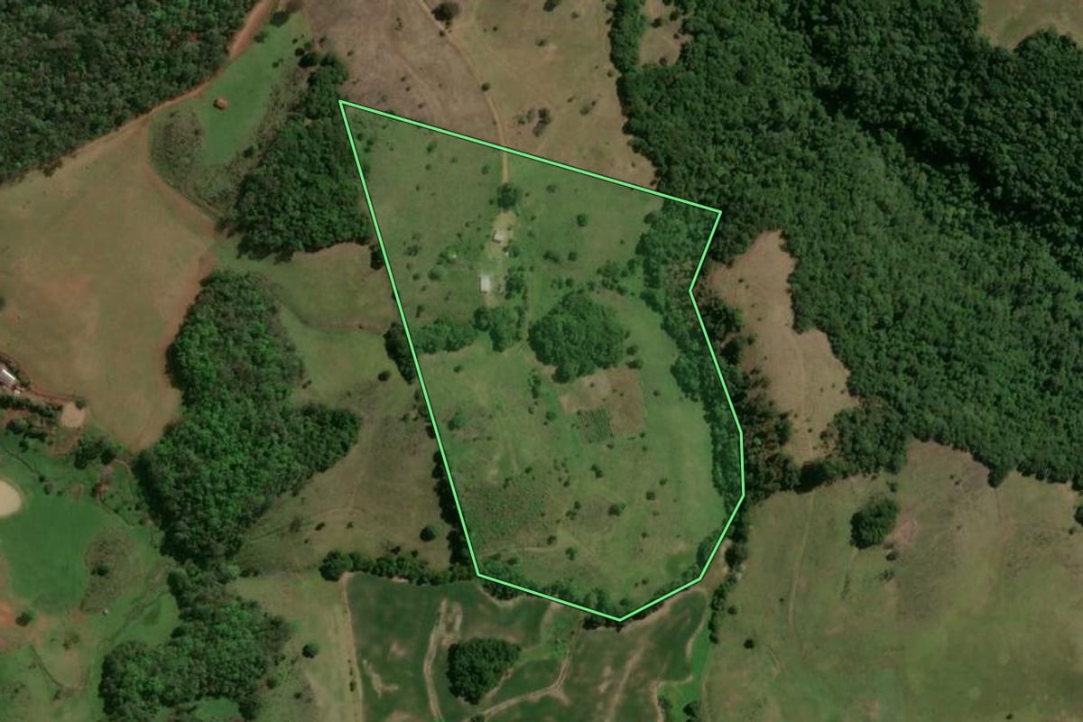 Imagem de satélite do imóvel rural em Machadinho (RS), com o contorno declarado no CAR desenhado por cima.