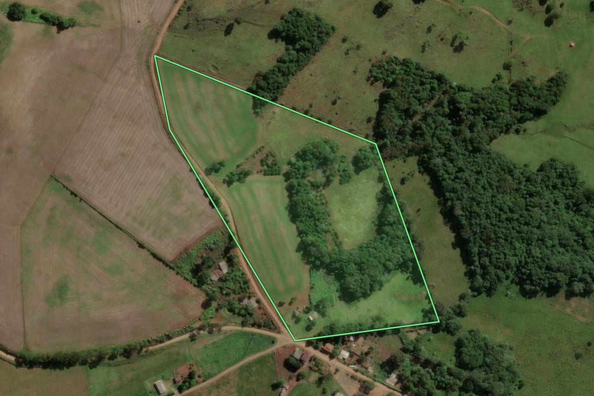 Imagem de satélite do imóvel rural em Machadinho (RS), com o contorno declarado no CAR desenhado por cima.
