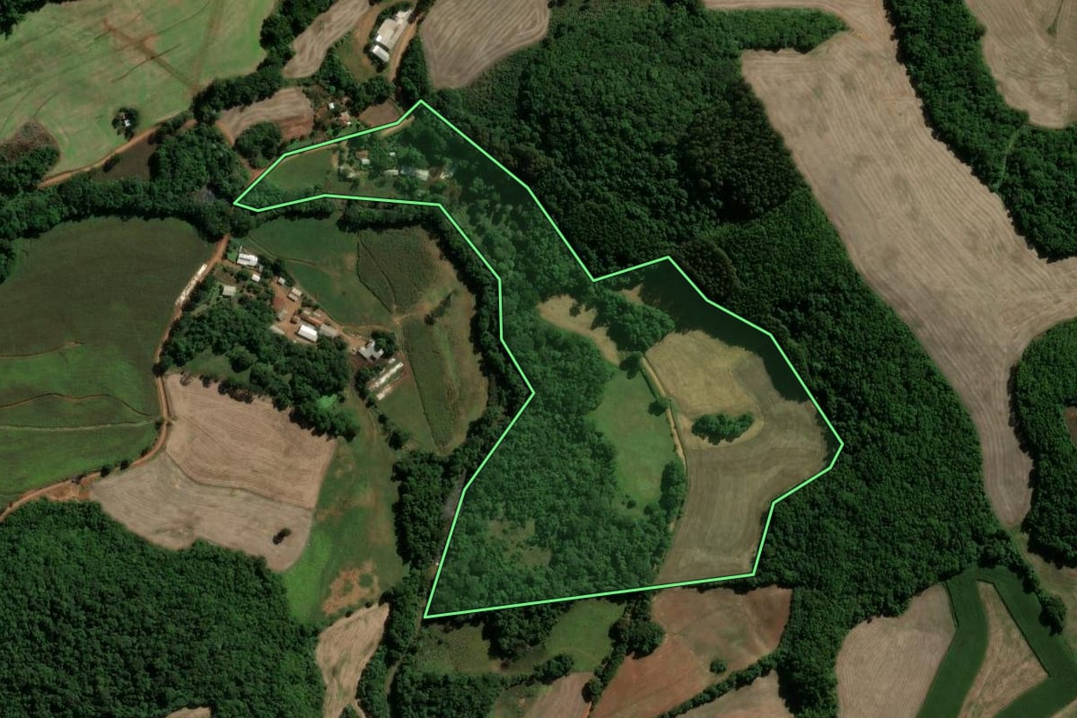 Imagem de satélite do imóvel rural em Machadinho (RS), com o contorno declarado no CAR desenhado por cima.