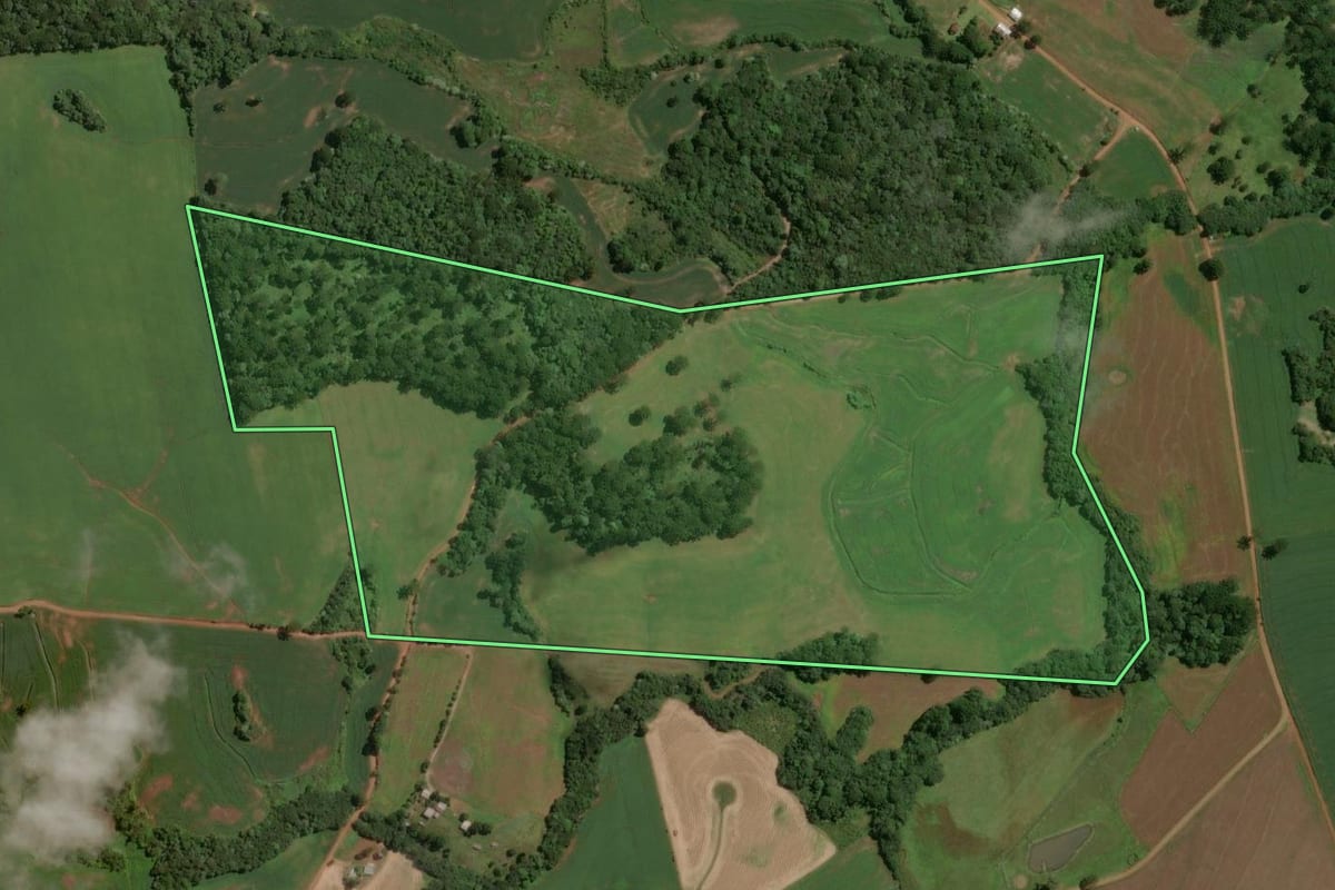Imagem de satélite do imóvel rural em Machadinho (RS), com o contorno declarado no CAR desenhado por cima.