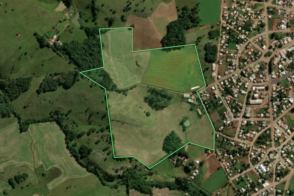 Imagem de satélite do imóvel rural em Machadinho (RS), com o contorno declarado no CAR desenhado por cima.