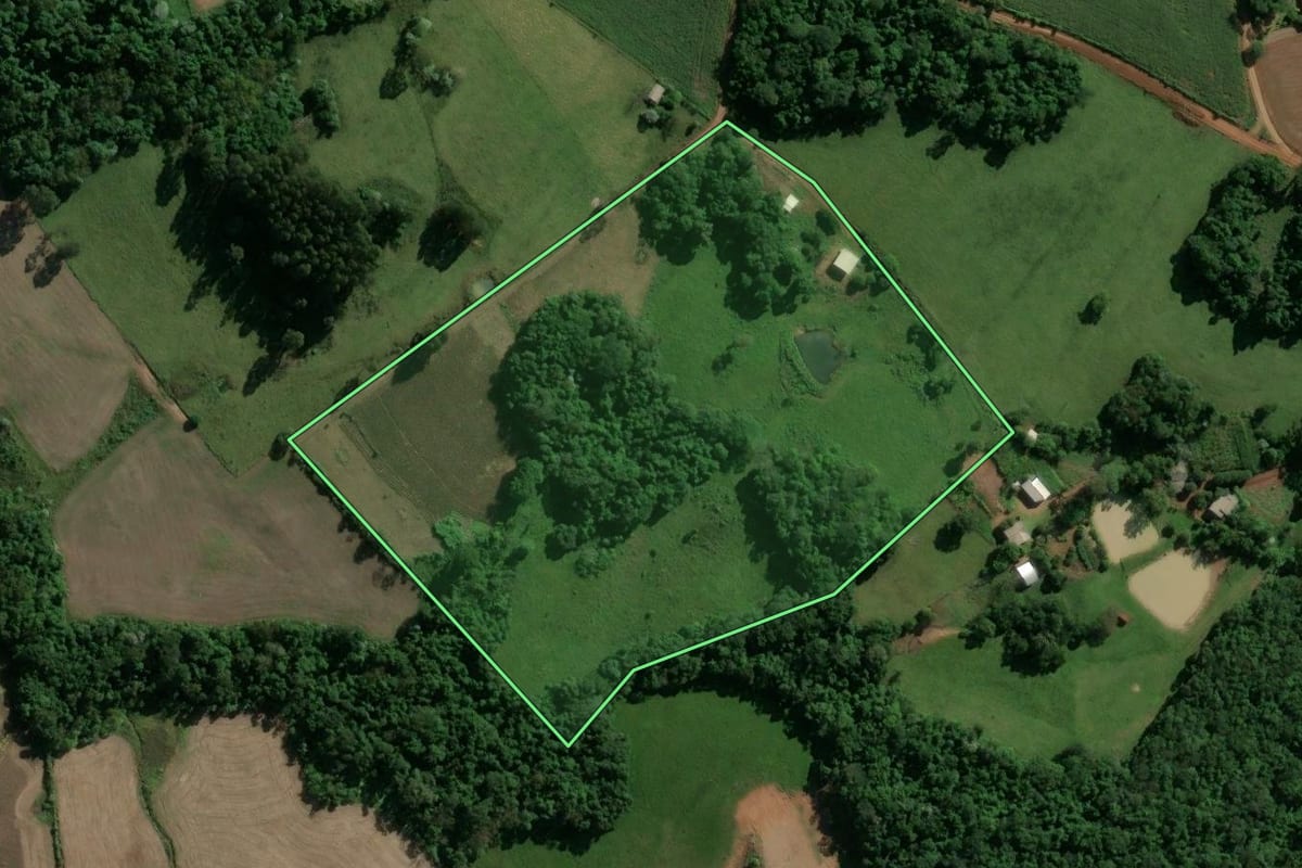 Imagem de satélite do imóvel rural em Machadinho (RS), com o contorno declarado no CAR desenhado por cima.