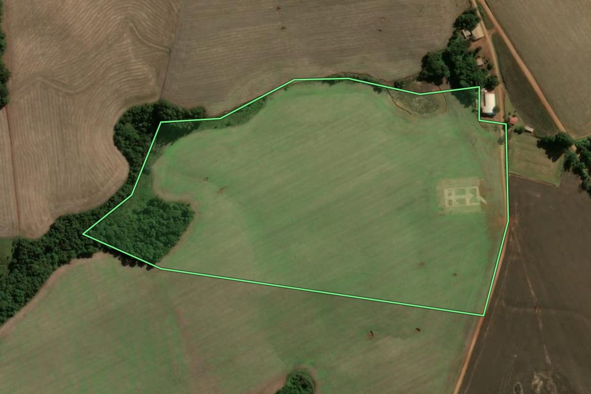 Imagem de satélite do imóvel rural em Machadinho (RS), com o contorno declarado no CAR desenhado por cima.