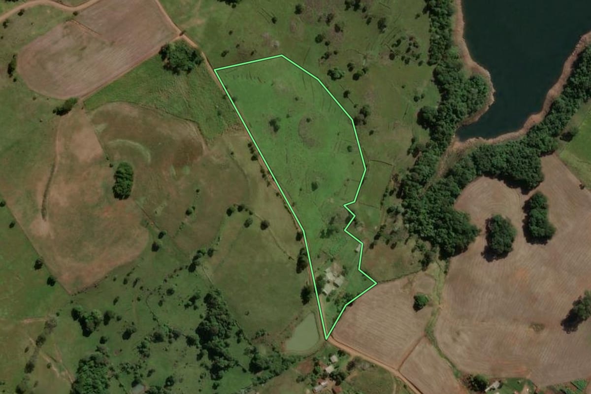 Imagem de satélite do imóvel rural em Machadinho (RS), com o contorno declarado no CAR desenhado por cima.