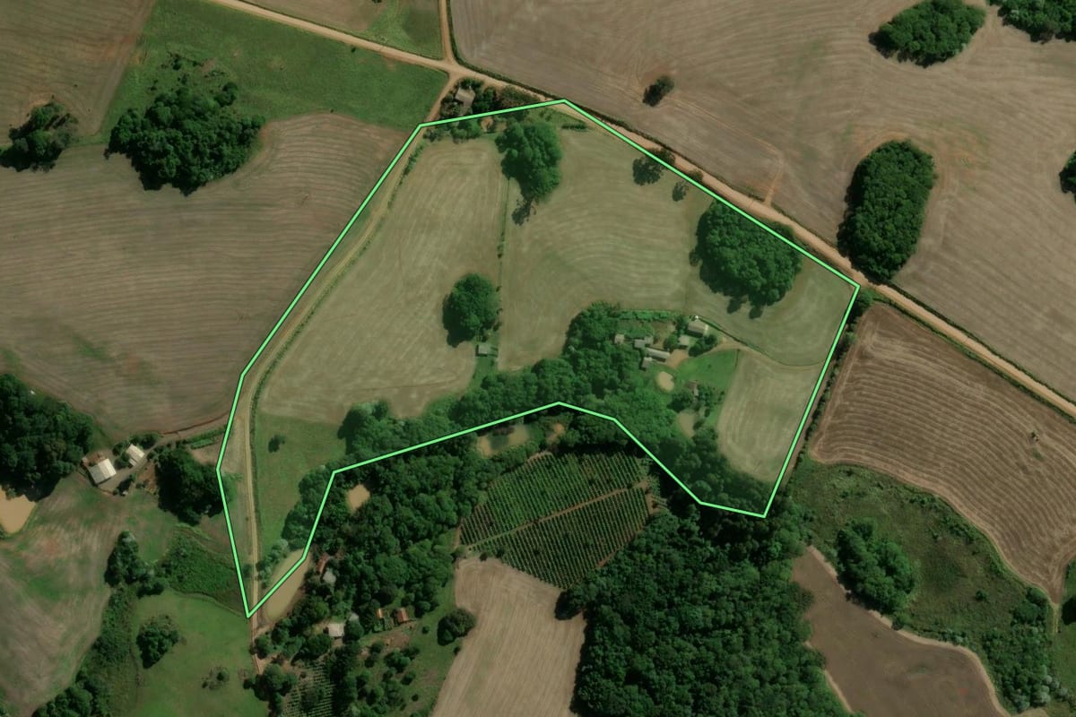 Imagem de satélite do imóvel rural em Machadinho (RS), com o contorno declarado no CAR desenhado por cima.