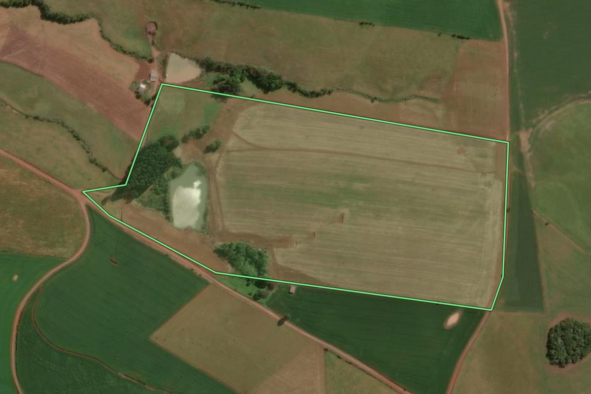 Imagem de satélite do imóvel rural em Machadinho (RS), com o contorno declarado no CAR desenhado por cima.