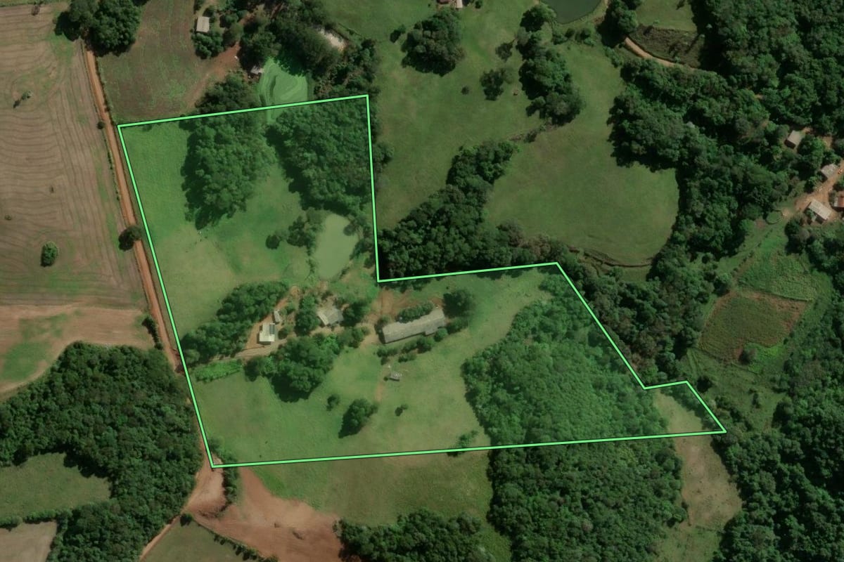 Imagem de satélite do imóvel rural em Machadinho (RS), com o contorno declarado no CAR desenhado por cima.