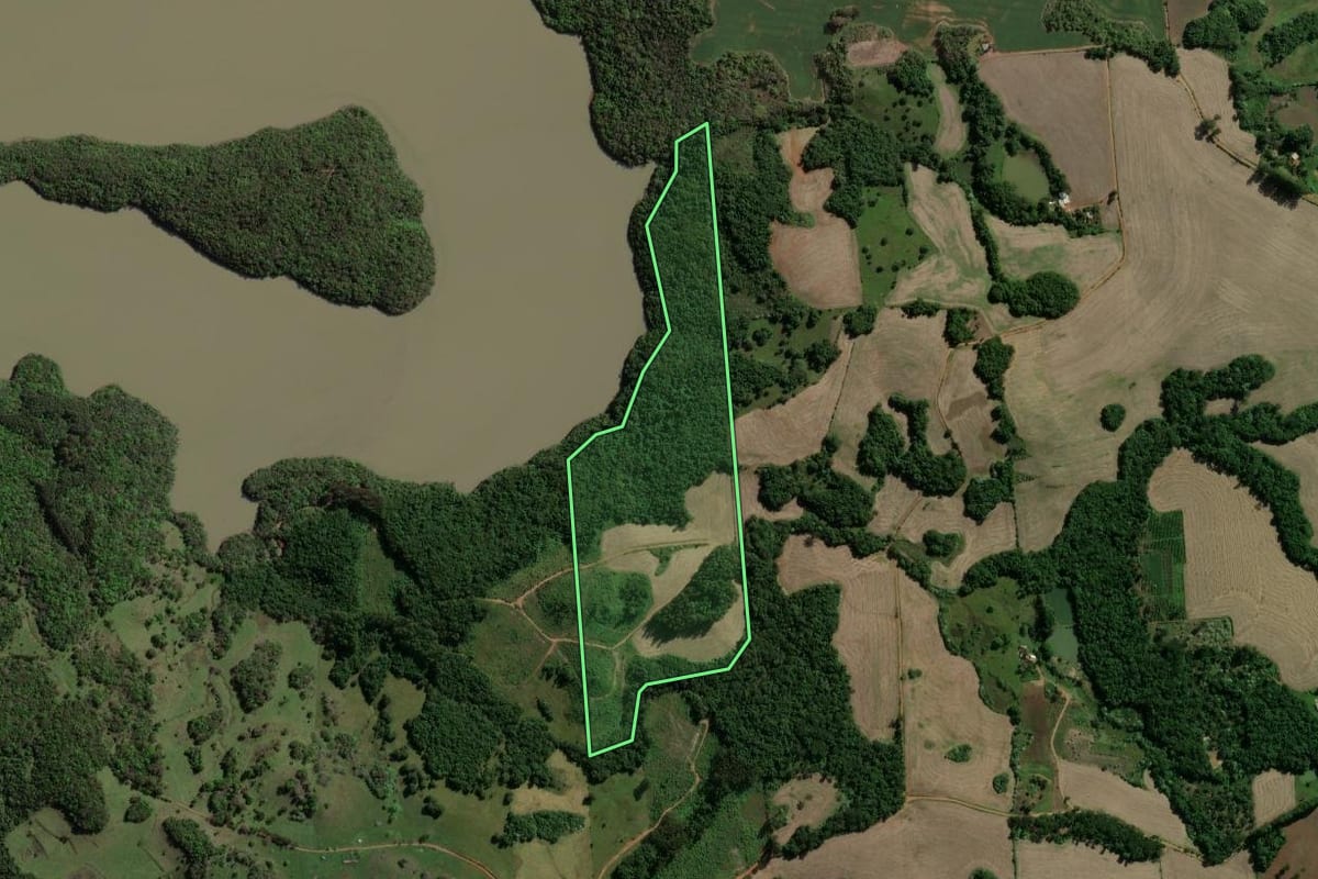 Imagem de satélite do imóvel rural em Machadinho (RS), com o contorno declarado no CAR desenhado por cima.
