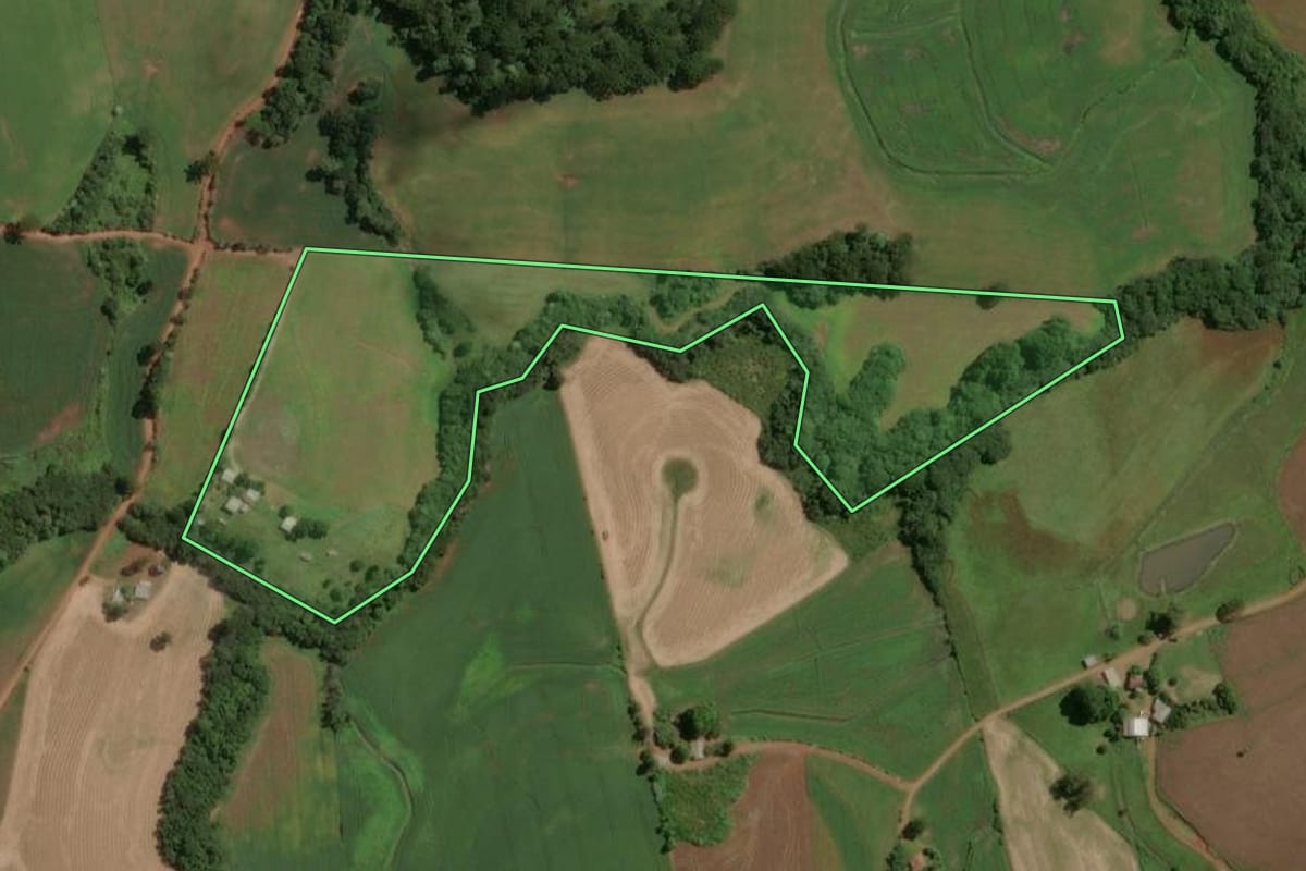 Imagem de satélite do imóvel rural em Machadinho (RS), com o contorno declarado no CAR desenhado por cima.