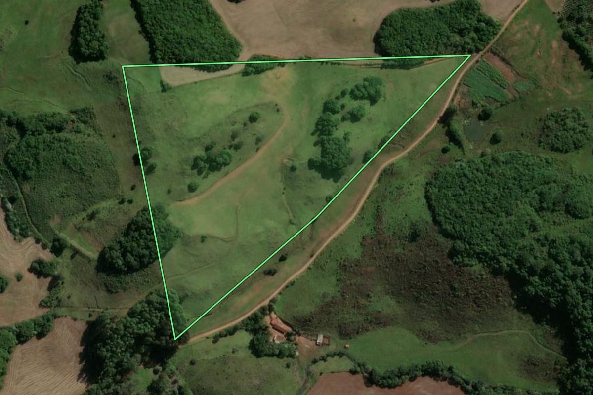 Imagem de satélite do imóvel rural em Machadinho (RS), com o contorno declarado no CAR desenhado por cima.