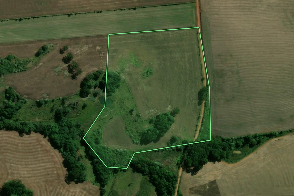 Imagem de satélite do imóvel rural em Machadinho (RS), com o contorno declarado no CAR desenhado por cima.