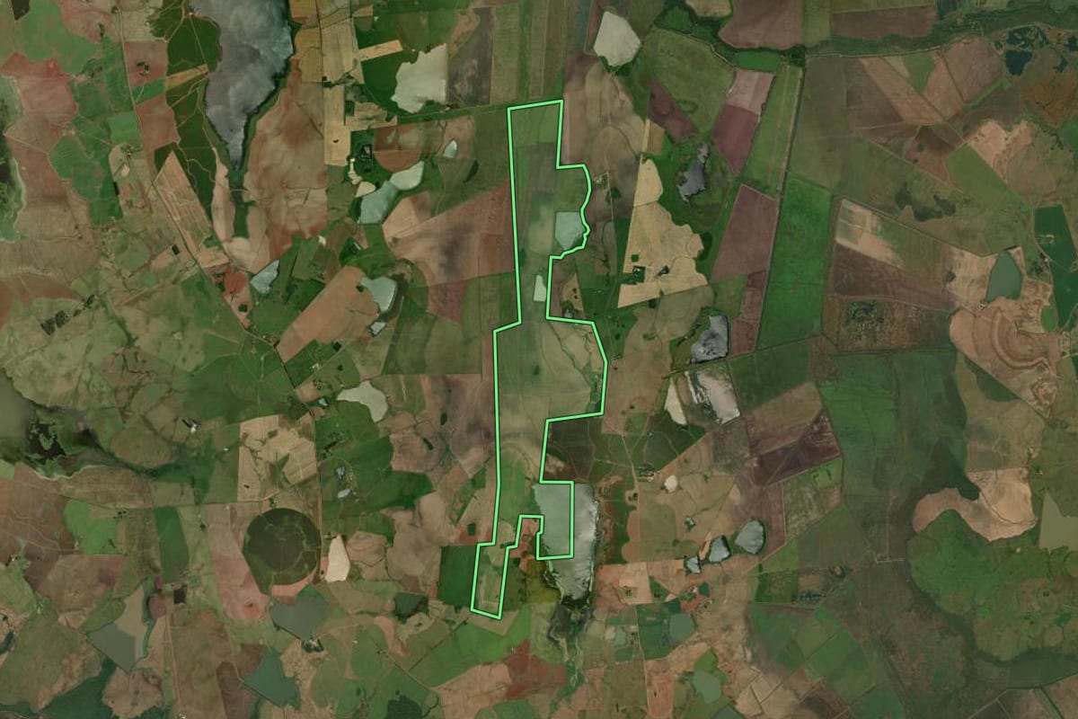Imagem de satélite do imóvel rural em Maçambará (RS), com o contorno declarado no CAR desenhado por cima.
