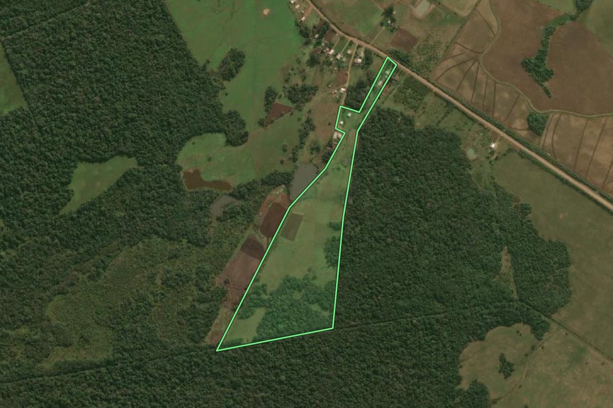 Imagem de satélite do imóvel rural em Maçambará (RS), com o contorno declarado no CAR desenhado por cima.