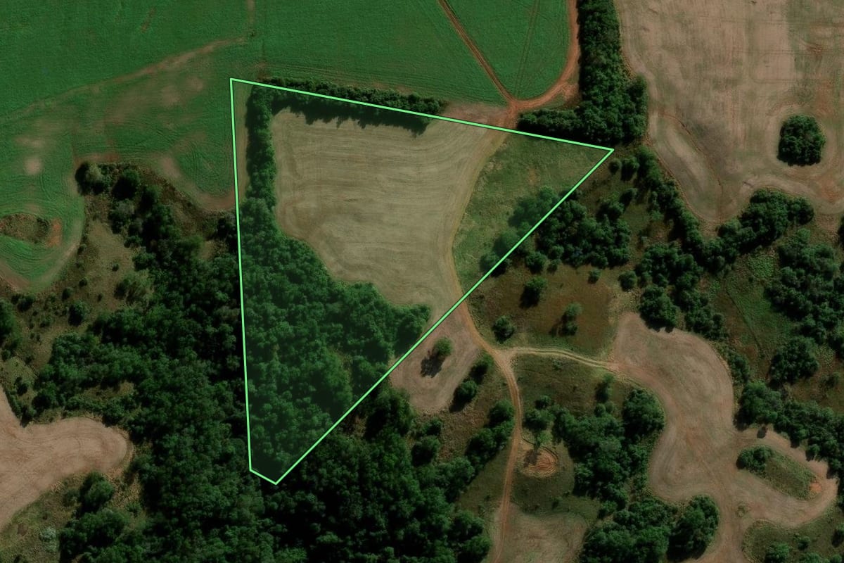 Imagem de satélite do imóvel rural em Maçambará (RS), com o contorno declarado no CAR desenhado por cima.
