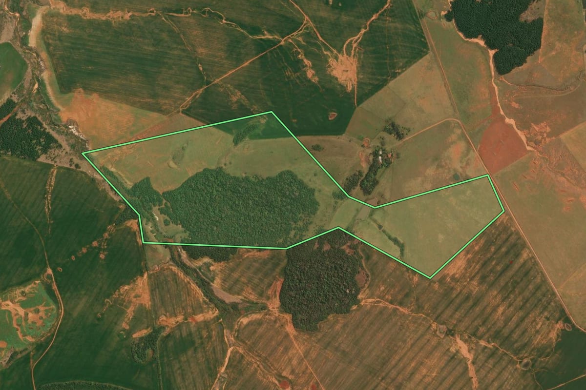 Imagem de satélite do imóvel rural em Maçambará (RS), com o contorno declarado no CAR desenhado por cima.