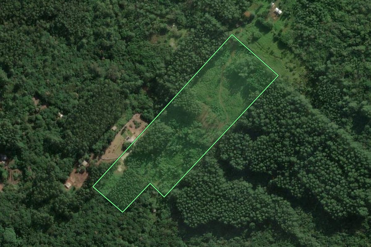 Imagem de satélite do imóvel rural em Maquiné (RS), com o contorno declarado no CAR desenhado por cima.
