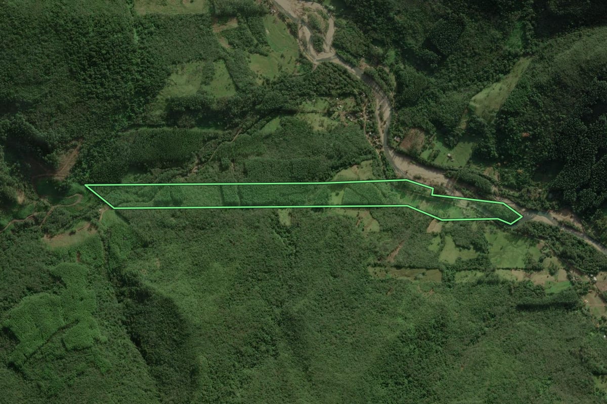 Imagem de satélite do imóvel rural em Maquiné (RS), com o contorno declarado no CAR desenhado por cima.