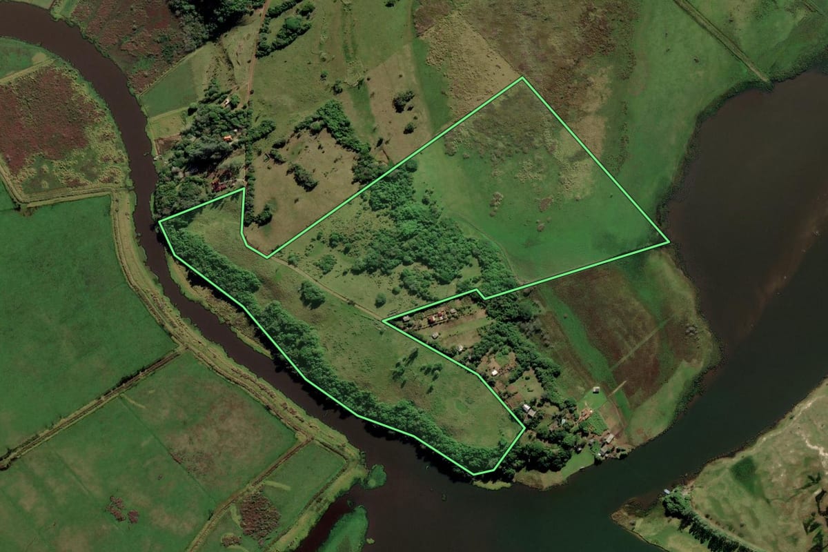 Imagem de satélite do imóvel rural em Maquiné (RS), com o contorno declarado no CAR desenhado por cima.